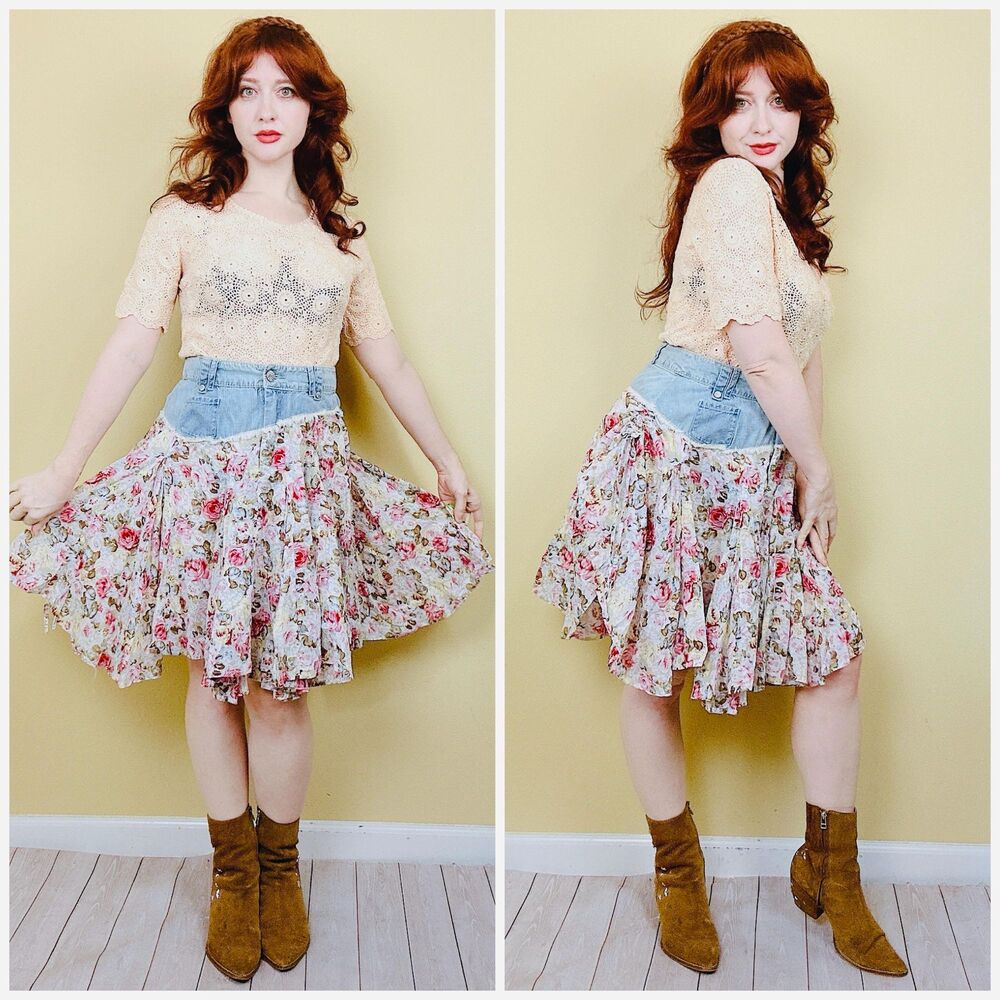 Y2K Denim and Floral Cut Off Skirt / Vintage Western Ruched Medium - Large